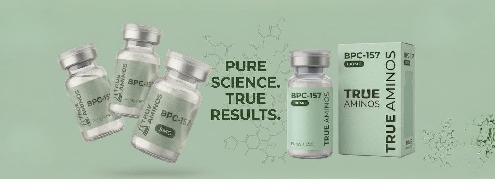 BPC 157 True Aminos bottles and packaging on a green background with text 'Pure Science. True Results.'